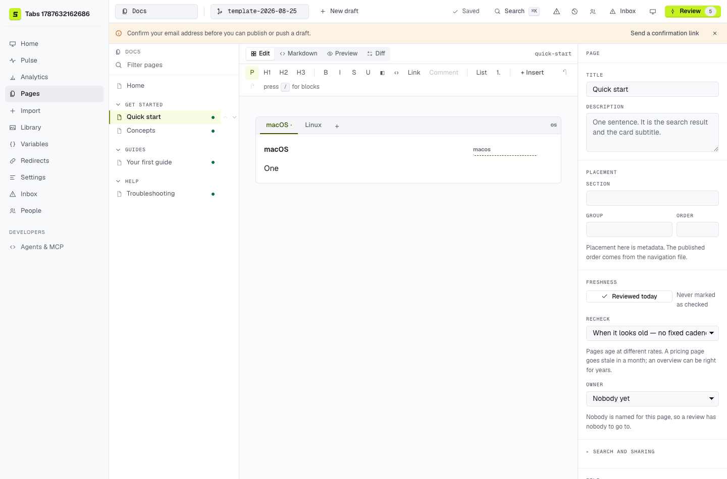 The Staleless editor with navigation, a block document, and page settings