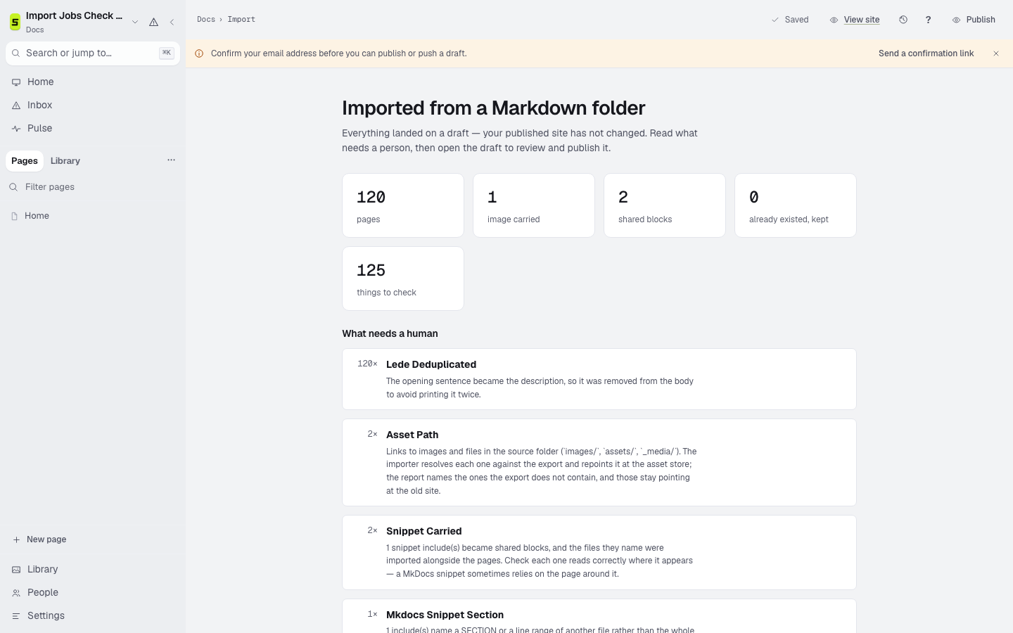 A completed Staleless import report showing pages, assets, and items to review