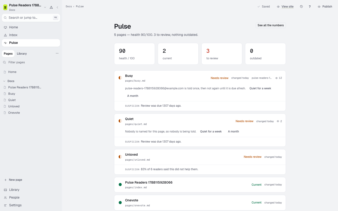 The Pulse dashboard showing documentation health and pages that need review